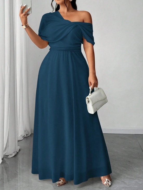 Dresses & Skirts - Plus Sold Ruched One Shoulder Split thigh Party Evening Dress